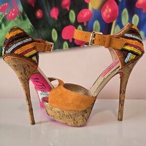 Betsey Johnson Izabell Beaded Ankle Strap Platform Orange Heels Shoes Size 6